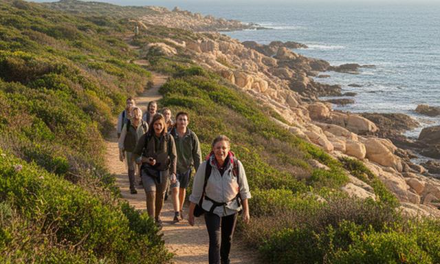 Kleine Reisegruppe mit lokalem Guide auf einem naturverträglichen Küstenweg
